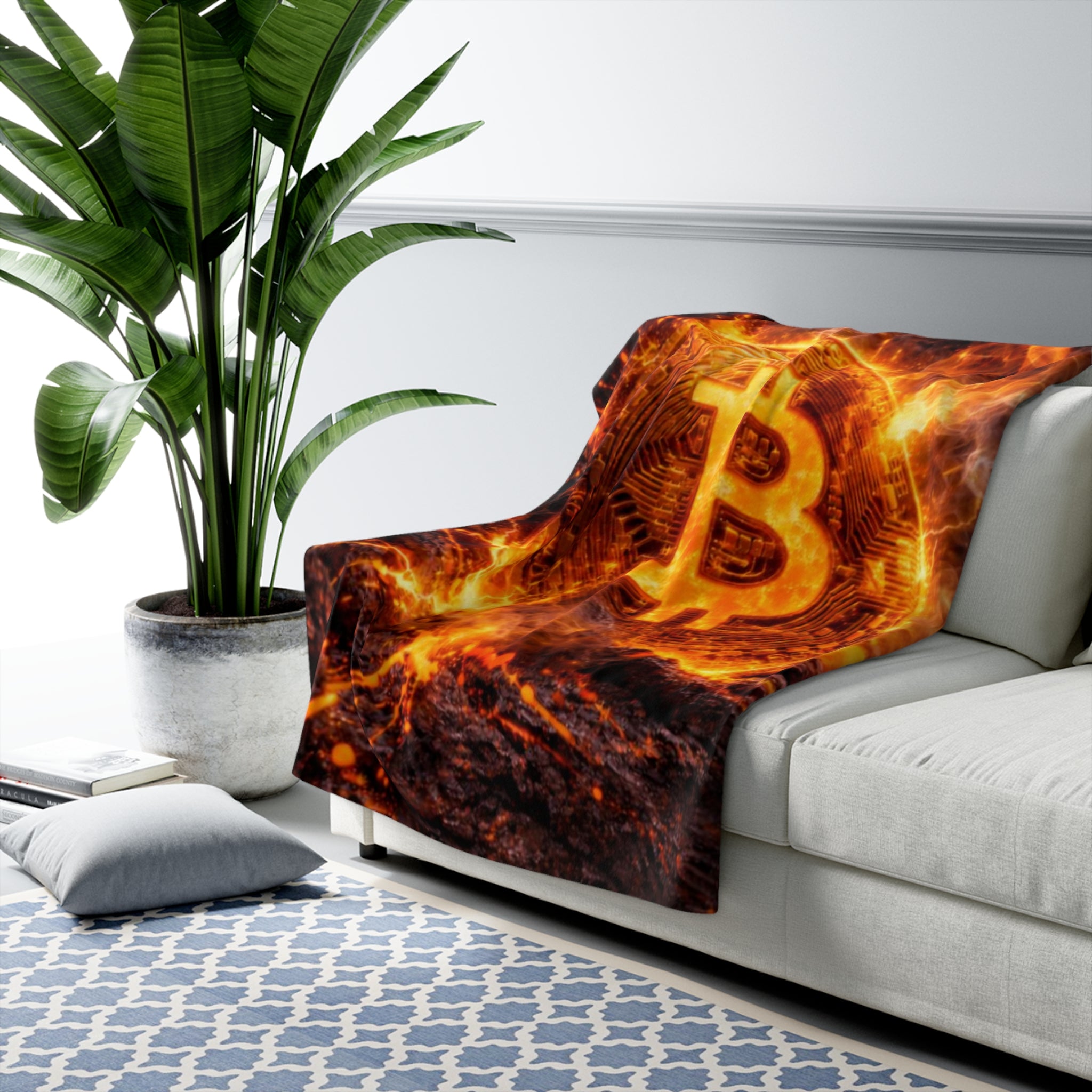 Flaming Bitcoin Sherpa Fleece Blanket