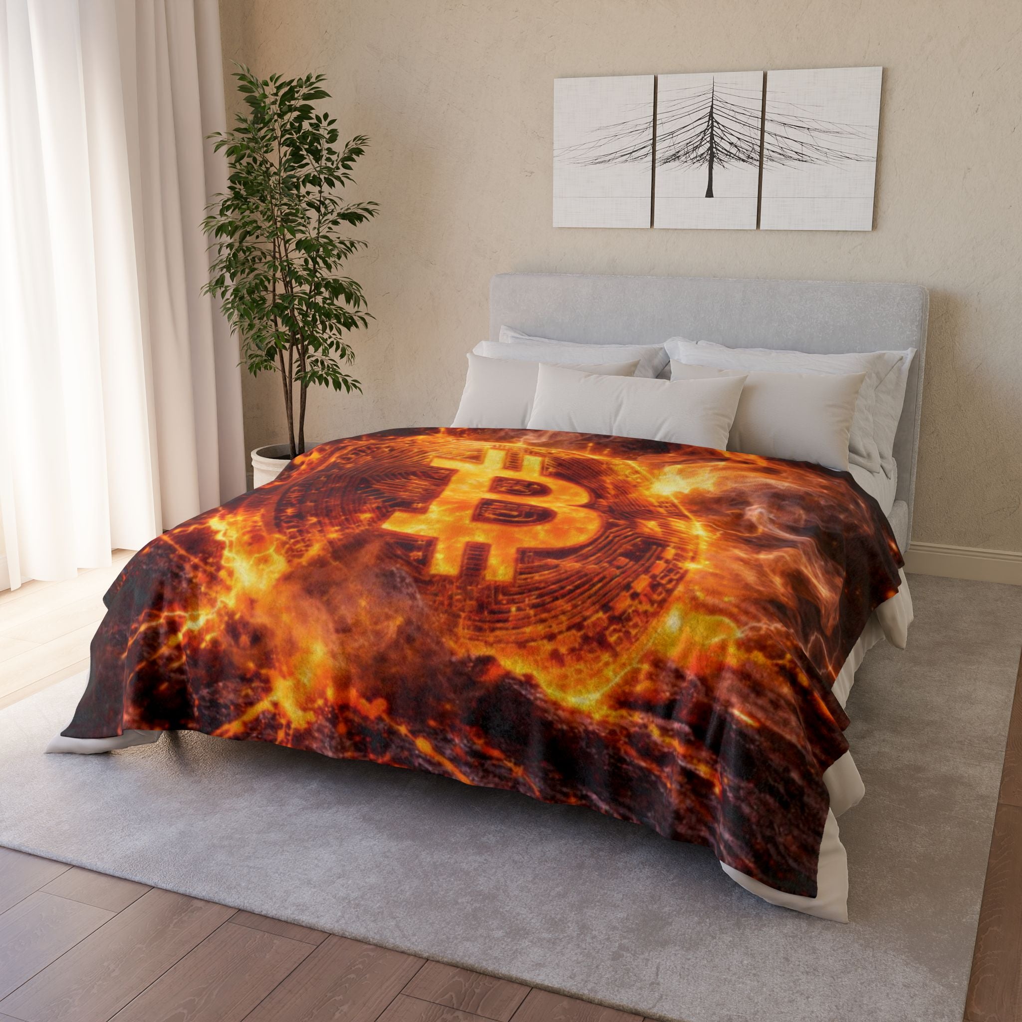 Flaming Bitcoin Soft Polyester Blanket