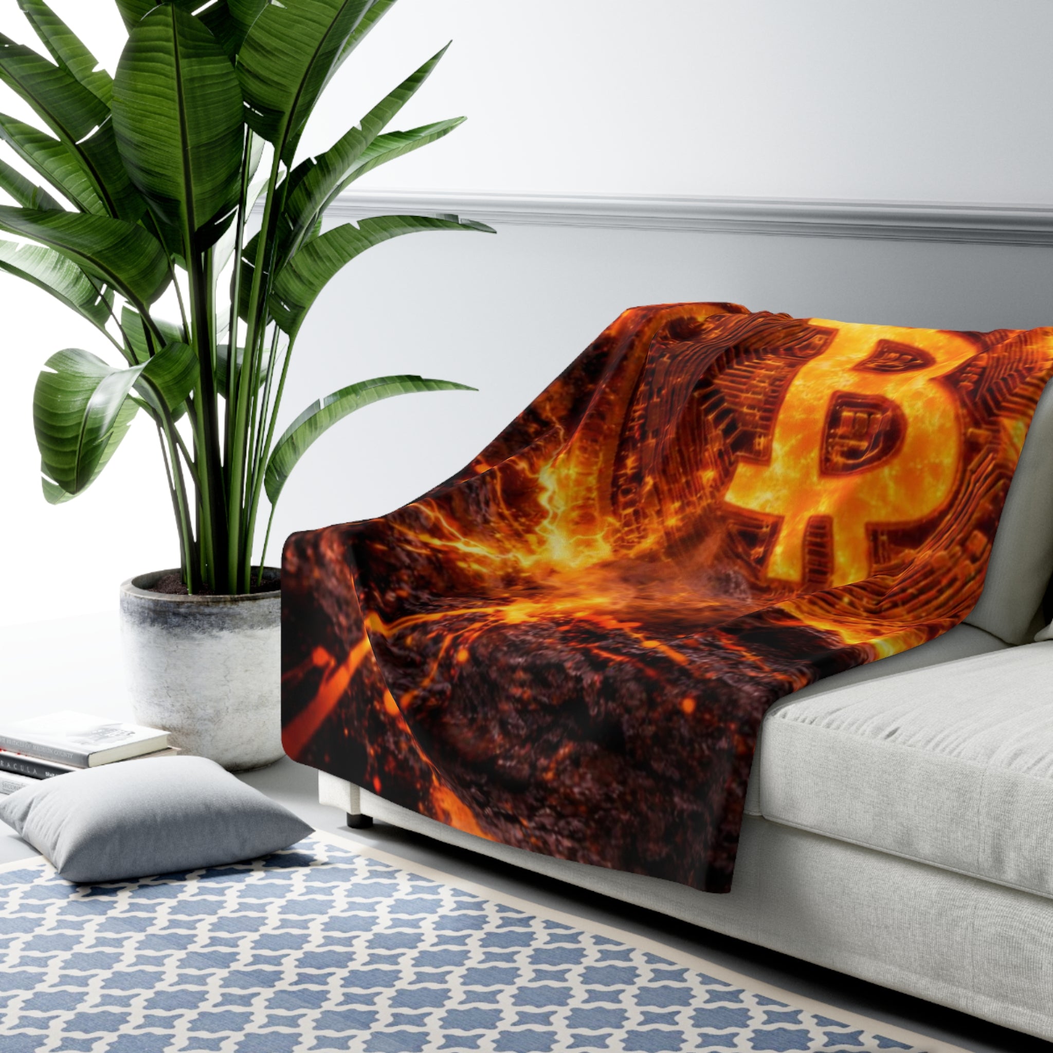 Flaming Bitcoin Sherpa Fleece Blanket