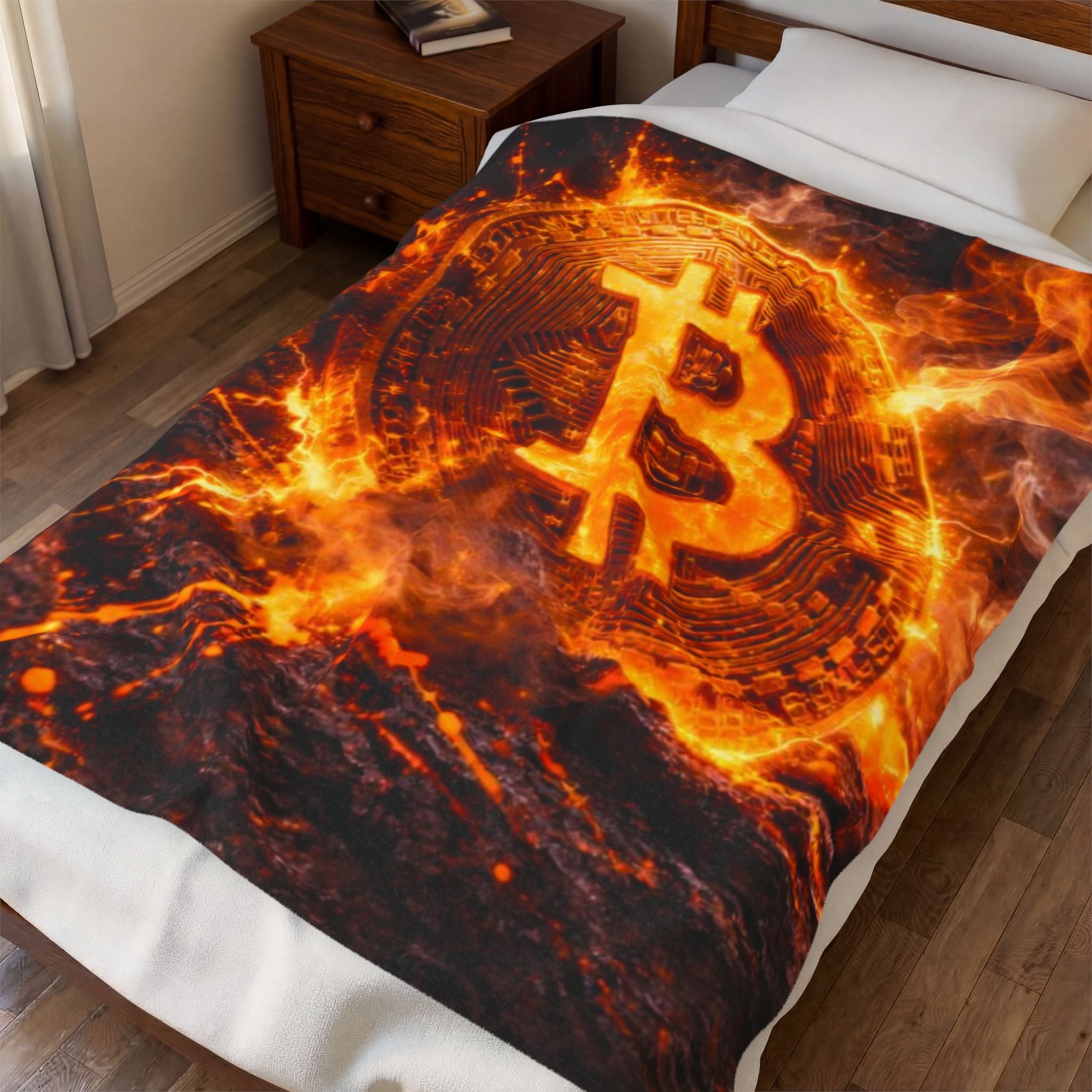 Flaming Bitcoin Velveteen Plush Blanket